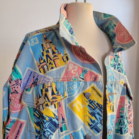 NWT - Castles of Disney Parks D23 Postage Stamps Denim Jacket (Size 2X) - Picture 1 of 16